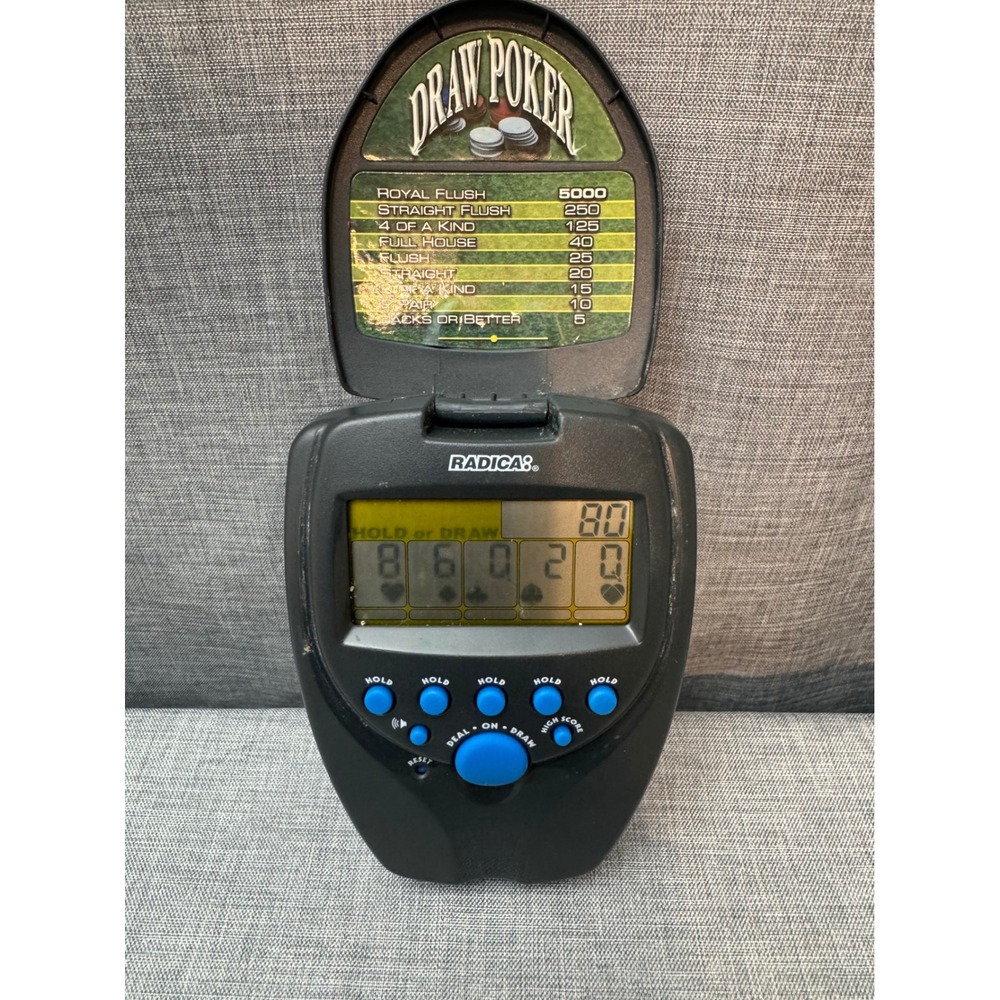 Radica Draw Poker Handheld Electronic Game Black Clamshell Portable Retro Toy